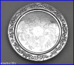 1117 gr ANTIQUE QING CUMWO CHINESE EXPORT SILVER TRAY DISH DRAGON CHINA 19TH C
