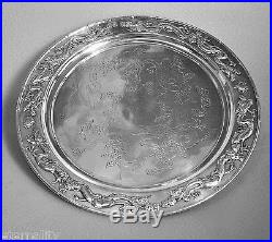 1117 gr ANTIQUE QING CUMWO CHINESE EXPORT SILVER TRAY DISH DRAGON CHINA 19TH C