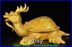 12.5'' Old Chinese Bronze Ware Gilt Dynasty Dragon Tortoise Turtle Beast Statue