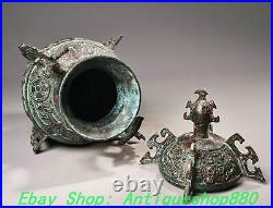 12.6''Old Chinese Dynasty Bronze Ware Beast Face Dragon Ear Lid Bottle Vase