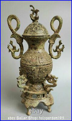 12.8 Antique Chinese Bronze Ware Dynasty Dragon Ear Bird Lid Bottle Vase