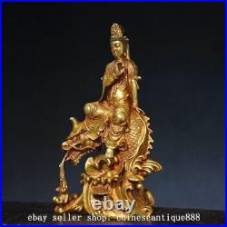 12.9 Chinese Buddhism Bronze Gilt Dragon Fish Kwan-yin Guan Yin Buddha Statue