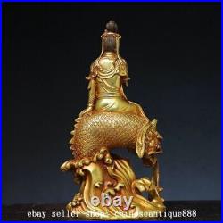 12.9 Chinese Buddhism Bronze Gilt Dragon Fish Kwan-yin Guan Yin Buddha Statue