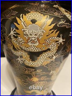 12 Antique Chinese Black & Gold Gilt Dragon Porcelain VASE SIGNED