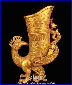 12 Antique Chinese Tang Dynasty Bronze 24K Gold Gilt Dragon Phoenix Cup Statue