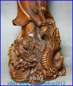 12 Old Chinese Boxwood Hand-Carved Feng Shui Dragon Kwan-Yin Guan Yin Statue