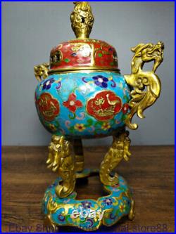 12 Old Chinese Cloisonne Enamel Copper Palace Dragon Ear Flower Incense Burner