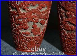 12 Old Chinese Lacquerware Carved Dynasty Palace Flower Dragon Vase Pair