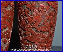 12 Old Chinese Lacquerware Carved Dynasty Palace Flower Dragon Vase Pair