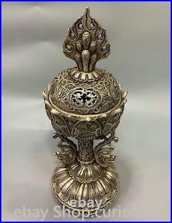 13.3 Old Chinese White copper 8 Auspicious Dragon Phoenix Incense Burner Censer