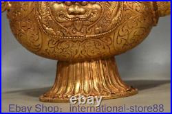 13.6 Antique Chinese 24K Gold Gems Dynasty Palace Dragon Beast Face Wine Pot