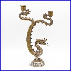 13 Inch Antique Chinese Silver Plated Bronze Dragon Double Candle Holder