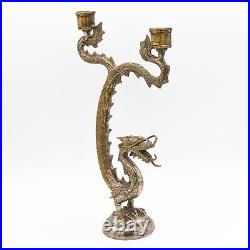 13 Inch Antique Chinese Silver Plated Bronze Dragon Double Candle Holder