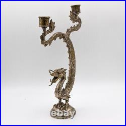 13 Inch Antique Chinese Silver Plated Bronze Dragon Double Candle Holder