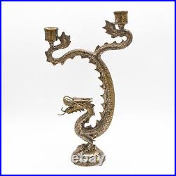 13 Inch Antique Chinese Silver Plated Bronze Dragon Double Candle Holder