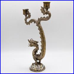 13 Inch Antique Chinese Silver Plated Bronze Dragon Double Candle Holder