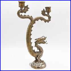 13 Inch Antique Chinese Silver Plated Bronze Dragon Double Candle Holder