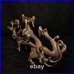 13 Inch Old Chinese Bronze carving Dragons Pen rack Desk Decoration Collection