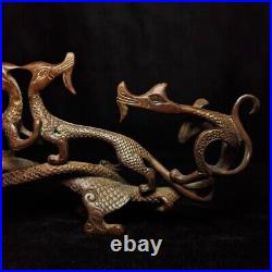 13 Inch Old Chinese Bronze carving Dragons Pen rack Desk Decoration Collection