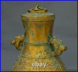 13 Old Chinese Bronze Ware Gilt Dynasty 2 Dragon Beast Bottle Drinking Vessel