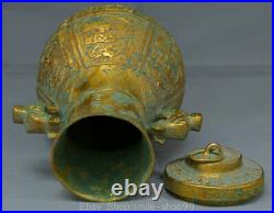 13 Old Chinese Bronze Ware Gilt Dynasty 2 Dragon Beast Bottle Drinking Vessel