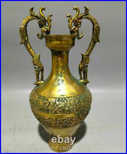 13 Old Chinese Bronze Ware Shang Zhou Dynasty Palace Dragon Ear Wine Bottle