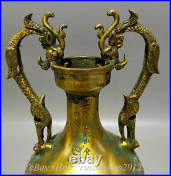 13 Old Chinese Bronze Ware Shang Zhou Dynasty Palace Dragon Ear Wine Bottle