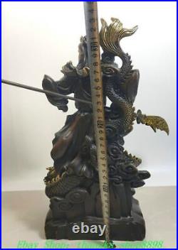 13Old China Qianlong Bronze Dragon Beast Guan Gong Yu Warrior God Knife Statue