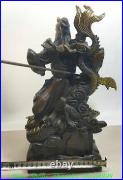 13Old China Qianlong Bronze Dragon Beast Guan Gong Yu Warrior God Knife Statue