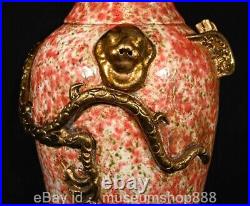 14.6 Old Chinese Red Glaze porcelain Gilt Dynasty Palace Dragon Bottle Vase