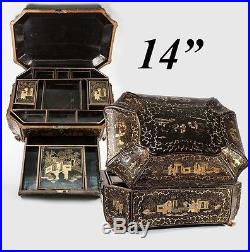 14 Antique Victorian Chinoiserie Sewing or Work Box, Papier Mache, Dragon Feet
