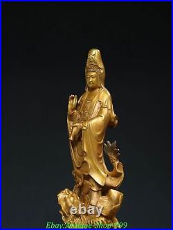 14 Old Chinese Dynasty Bronze Gilt Dragon Guanyin KwanYin Goddess Buddha Statue