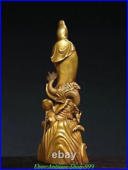 14 Old Chinese Dynasty Bronze Gilt Dragon Guanyin KwanYin Goddess Buddha Statue