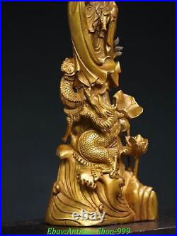 14 Old Chinese Dynasty Bronze Gilt Dragon Guanyin KwanYin Goddess Buddha Statue