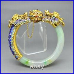 14K Gold Dragon Jade Bangle Bracelet with High Quality Jade and Ruby