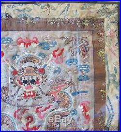 15.5 Framed Antique Chinese Forbidden Stitch Embroidery DRAGON Fabric Panel