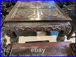 160 Old Chinese Leaflet Red sandalwood Carved Dragon Screen Table Chair Set