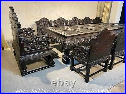 160 Old Chinese Leaflet Red sandalwood Carved Dragon Screen Table Chair Set