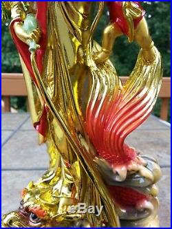 165 H Chinese Kwan-yin Guanyin Stand on Dragon Fish and Tongzi Boy Statue