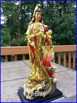 165 H Chinese Kwan-yin Guanyin Stand on Dragon Fish and Tongzi Boy Statue