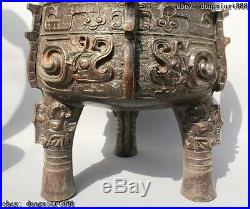16Old Chinese Bronze 3 Leg Oxen Dragon Beast Handle Ding Incense Burner Censer