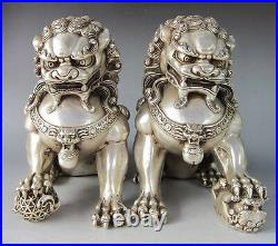16cm / 6.3 tibet Silver Bronze Fu Foo Dog Guardian lion Statues Pair Statue