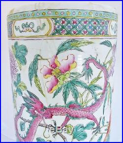 17.3 Antique Chinese Famille Rose Porcelain Vase or Scroll Holder with DRAGONS