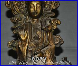 18 Old Antique Chinese Bronze Gilt Seat Kwan-yin Guan Yin Dragon Lucky Statue