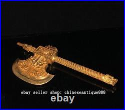 18 Old China Dynasty Copper Gilt Feng Shui Dragon Pixiu Beast Axe Weapon Statue