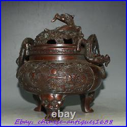 18 cm Marked Old Chinese Purple Bronze Dragon Beast Incense Burner Censer Statue