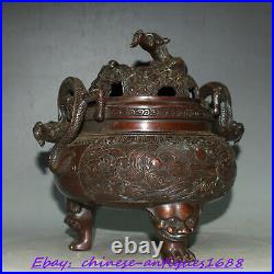 18 cm Marked Old Chinese Purple Bronze Dragon Beast Incense Burner Censer Statue