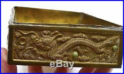 18C Chinese Jade Carving Plaque Copper Dragon Box Turquoise Carved Bead