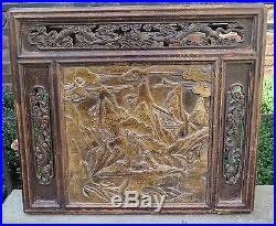 18c ANTIQUE QING DYNASTY CHINESE SOAPSTONE WOOD DRAGON PANEL SCREEN FIGURE