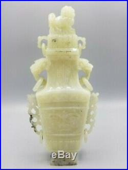 18th/19th C. Chinese Celadon Jade Dragon Figural Ring Handle Foo Dog Lion Vase